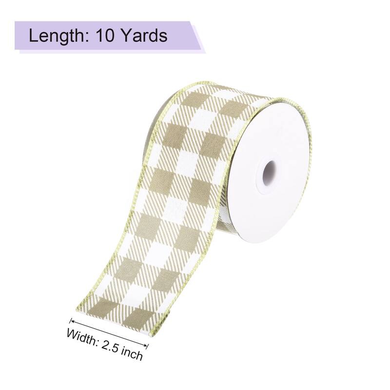 Plaid Check Ribbon, Wired Edge Gingham Ribbon for Gift Wrapping, Christmas Decoration - Khaki - 2.5 Inch x 10 Yards