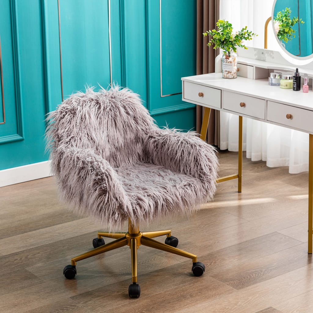 Fluffy Desk Chair, Adjustable Swivel Home Office Desk Chair, Faux Fur Armchair with Wheels, Vanity Chair with Gold Plating Base