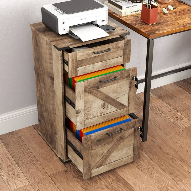Barn Door Wooden 3 Drawers With Lock 30.71"H
