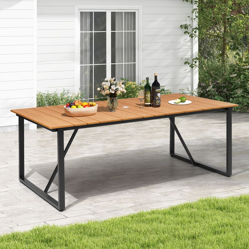 Outdoor Aluminum Patio Dining Table Rectangle with Umbrella Hole - 82.7 in L * 37.8 in W * 28.9 in H - Brown