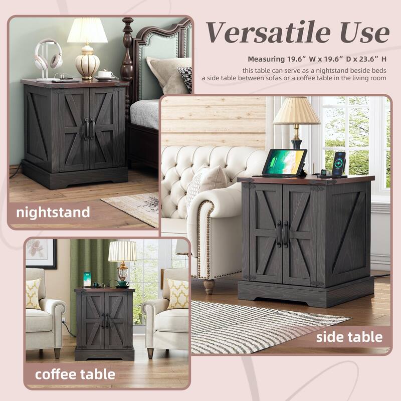 Farmhouse End Table with Charging Station, Rustic Wood Nightstand with Adjustable Shelf, 19.6"W Versatile Walnut Sofa Si