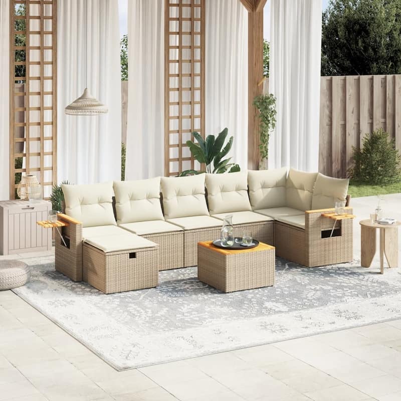 vidaXL Patio Sofa Set with Cushions Outdoor Conversation Furniture Poly Rattan - Beige with table - 24.4 x 24.4 x 27.2 in