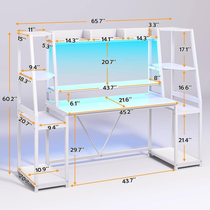 Gaming Desk LED Lights Hutch and Storage Shelves PC Gamer Desk