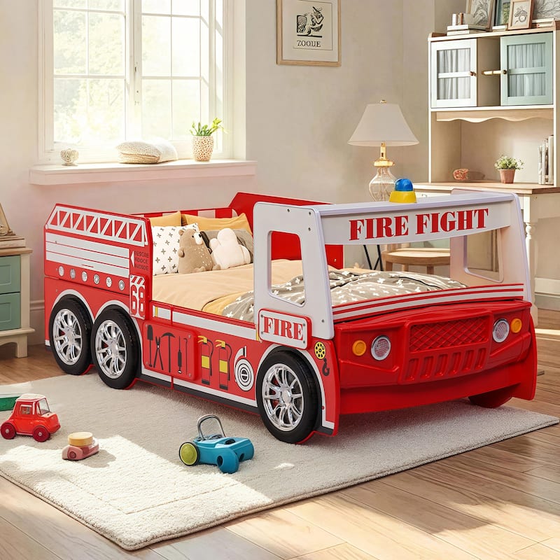 Twin Size Kids Bed Frame, Cool Cartoon Car Bed, Patrol Police Car Bed, Fire Truck Bed, Racing Car Bed for Toddler Floor Bed - White Red Fire Truck Bed - Twin