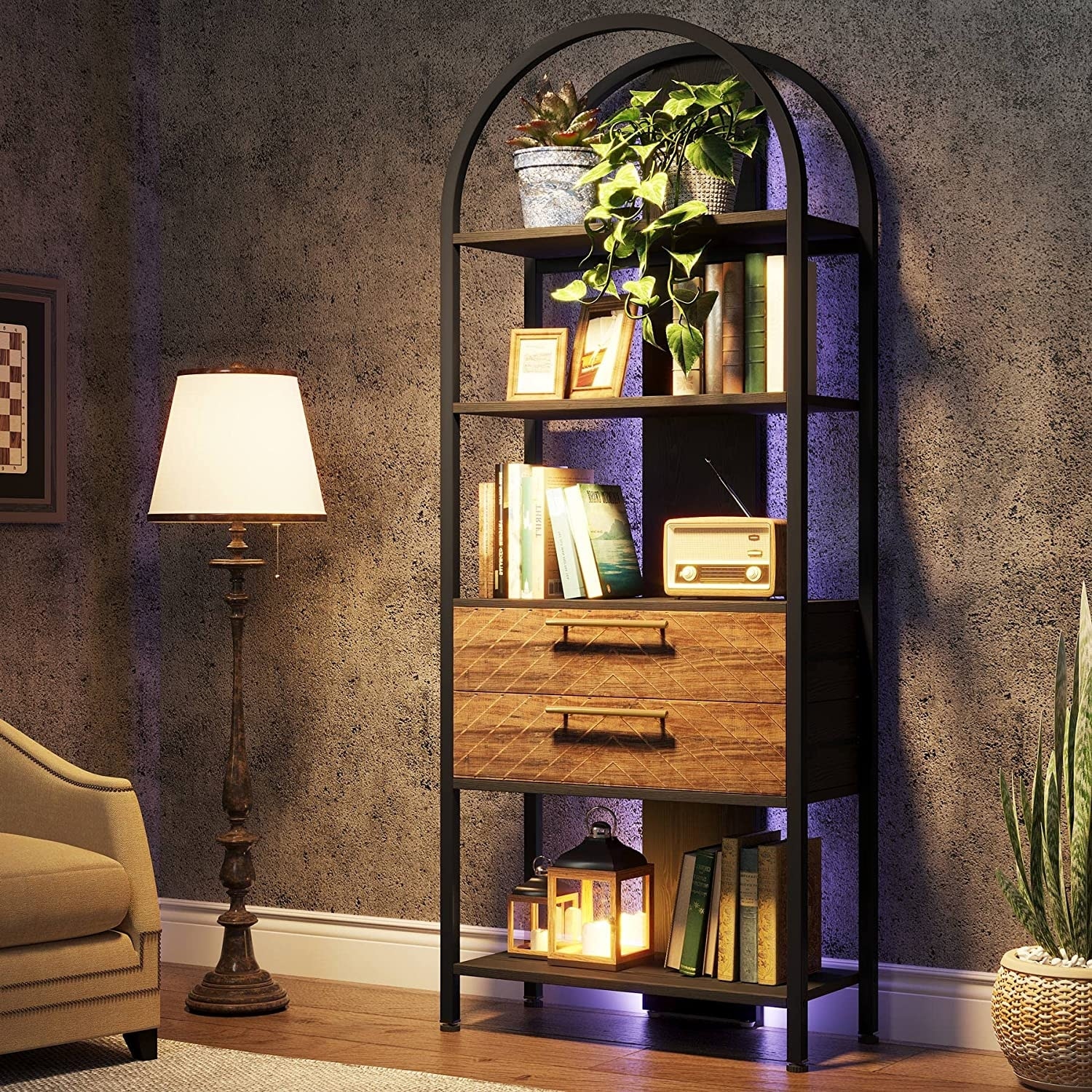 Bookshelf with LED Light and Drawers, 70.8" Tall Bookcase