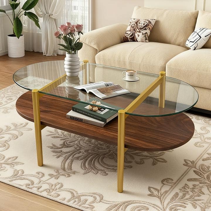 Modern Coffee Table with Clear Glass Top, Capsule Shape 2 Tier Center Table with Wood Shelf and Metal Legs for Living Room - Brown