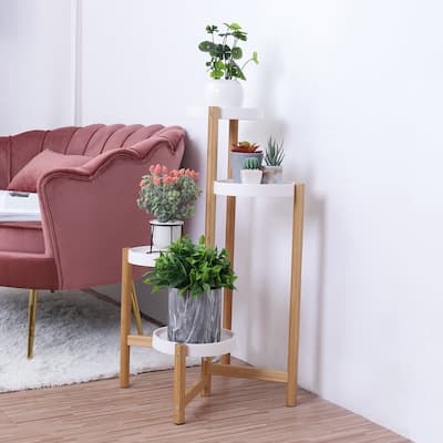 4-Tier Bamboo Plant Stand Flower Succulents Potted with Round White Shelf