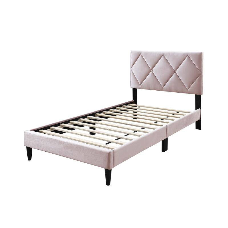 Adjustable Headboard Twin Bed with Velvet Upholstery and 12-Slat Support System
