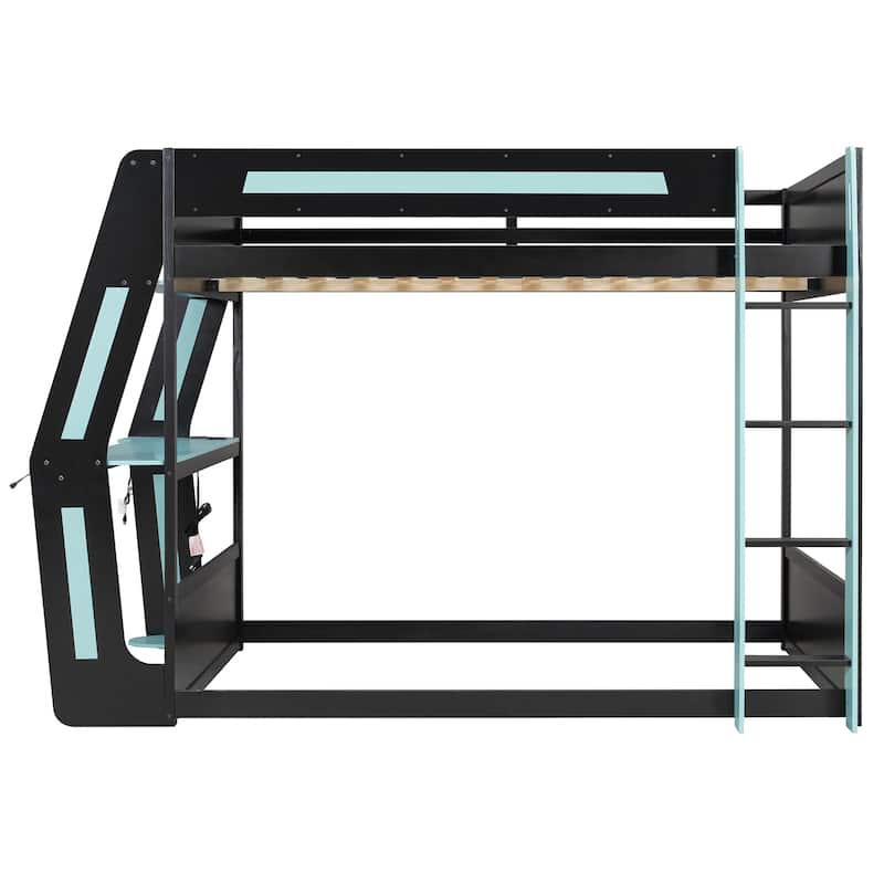 Esports Loft Bed Full Over Full Bunk Bed Frame with Side Mounted Desk, Light Strip, Charging Station and Cable Grommet