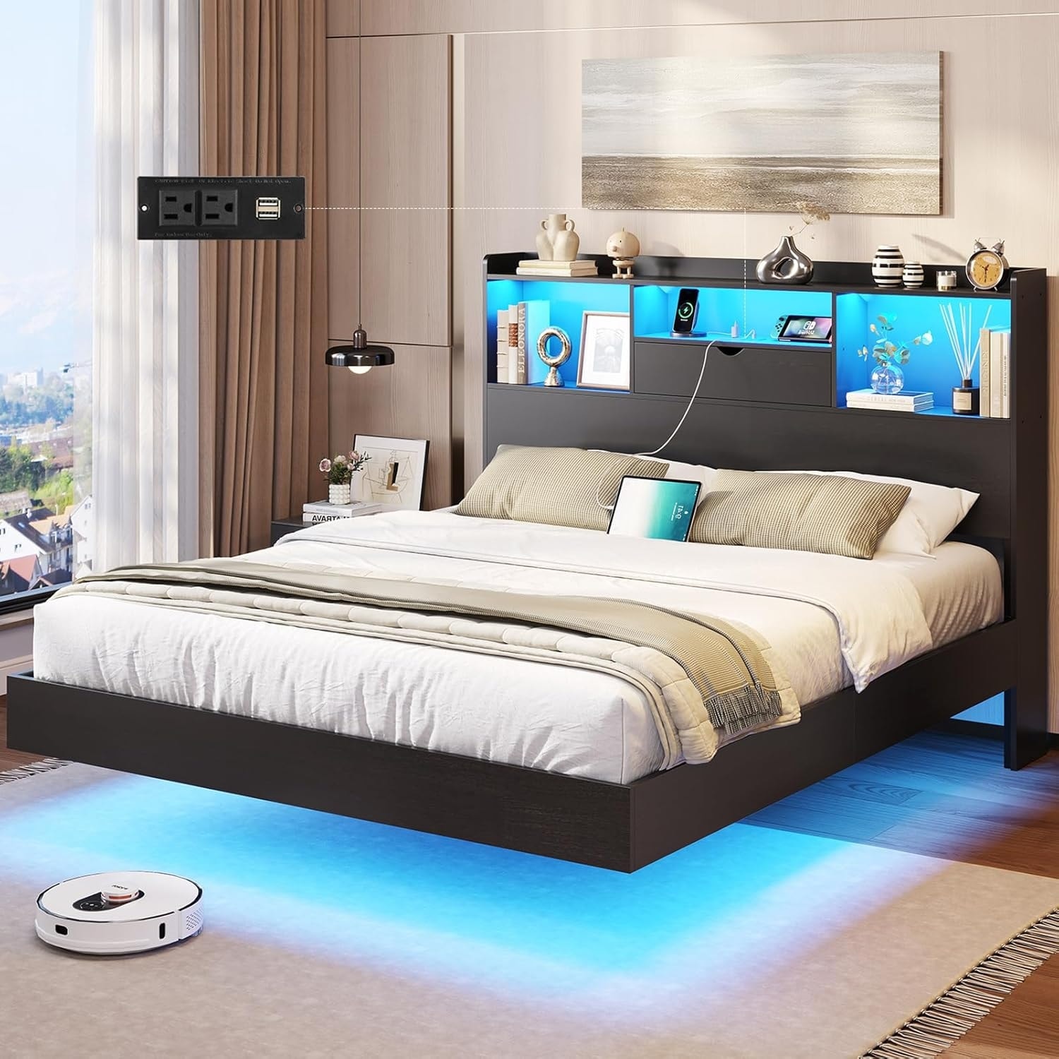 Queen Floating Bed Frame with LED Lights, Storage Headboard, Charging Station, and Stable Metal Platform