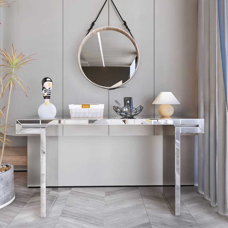 60-Inch Luxury Full-Length Mirror Console Table with Fluted Tempered Glass