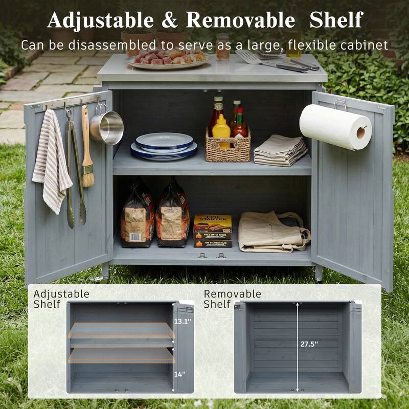 42.1" Outdoor Grill Cart with Side Shelf and Storage Cabinet, Stainless Steel Top Kitchen Island on Wheels