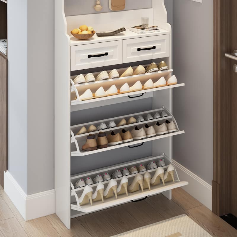 Shoe Cabinet with Hanger, Slim Hidden Shoe Rack Cabinet, Narrow Shoe Cabinet with 3 Flip Drawers & 2 Sliding Drawers