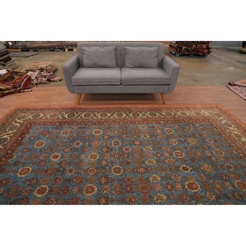 Hand Knotted Oriental 100% Wool Carpet Traditional Floral Navy Blue & Blues Heriz (serapi) Area Rug - 10' 10'' X 8' 6''