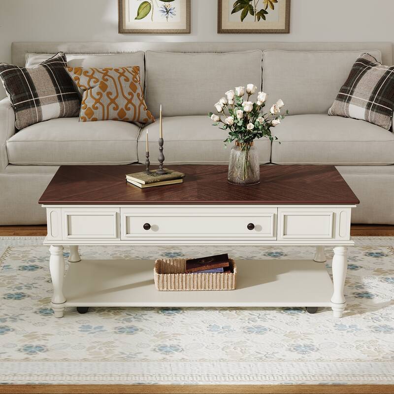Roomfitters Farmhouse Coffee Table, Retro Wooden Center Table with Drawer, Wheels, and Solid Wood Legs - White+Walnut