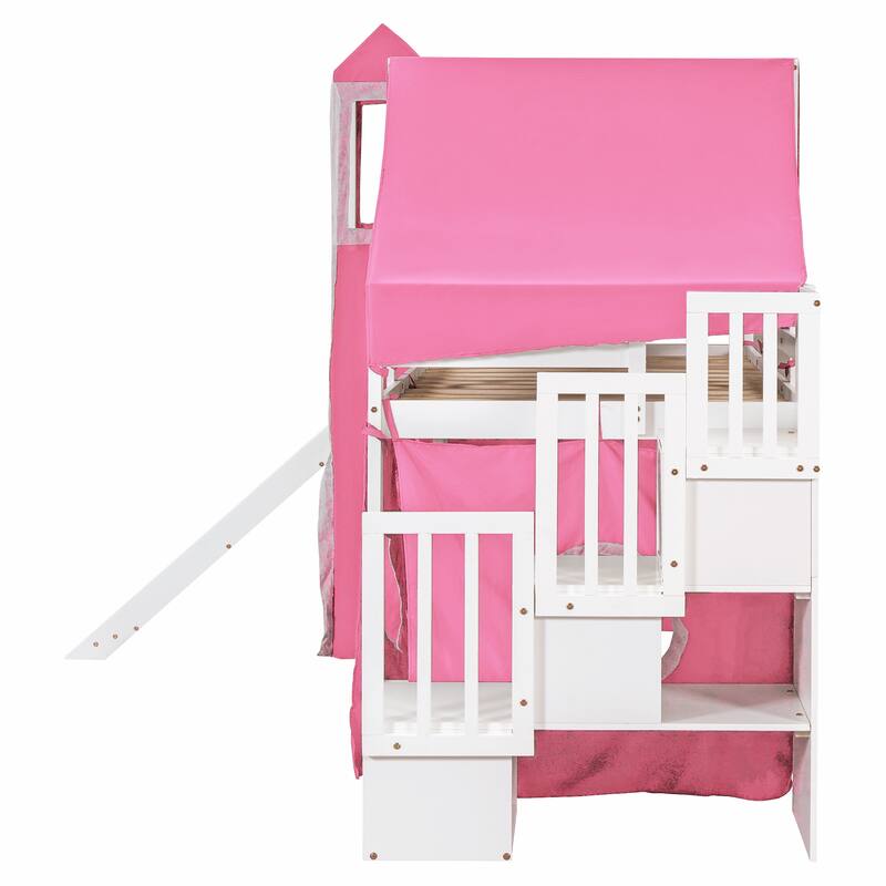 Roomfitters Twin Size Loft Bed with Slide, Tent Canopy and Decorative Tower, Playful Sleep Space