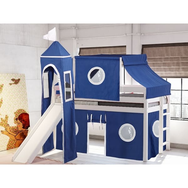 slide 2 of 119, JACKPOT Prince & Princess Low Loft Twin Bed, Ladder Slide Tent & Tower White with Blue & White Tent