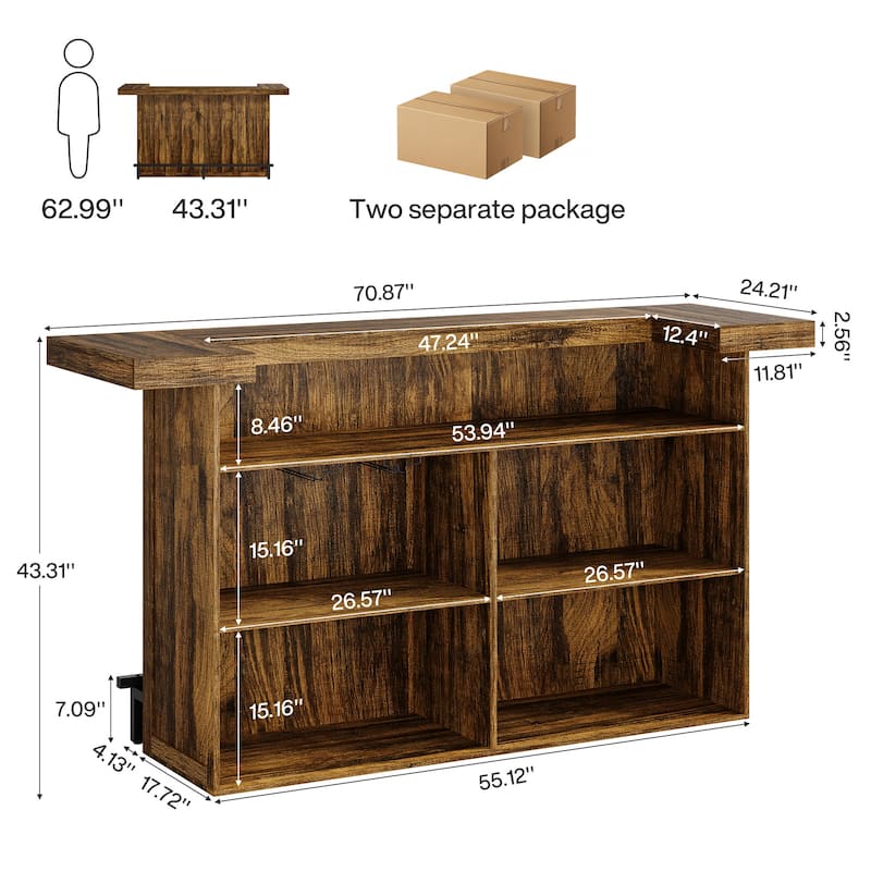 4-Tier Wooden Bar Table, 70.9" Large Home Bar Unit with Storage Shelves for Home, Patio, Basement