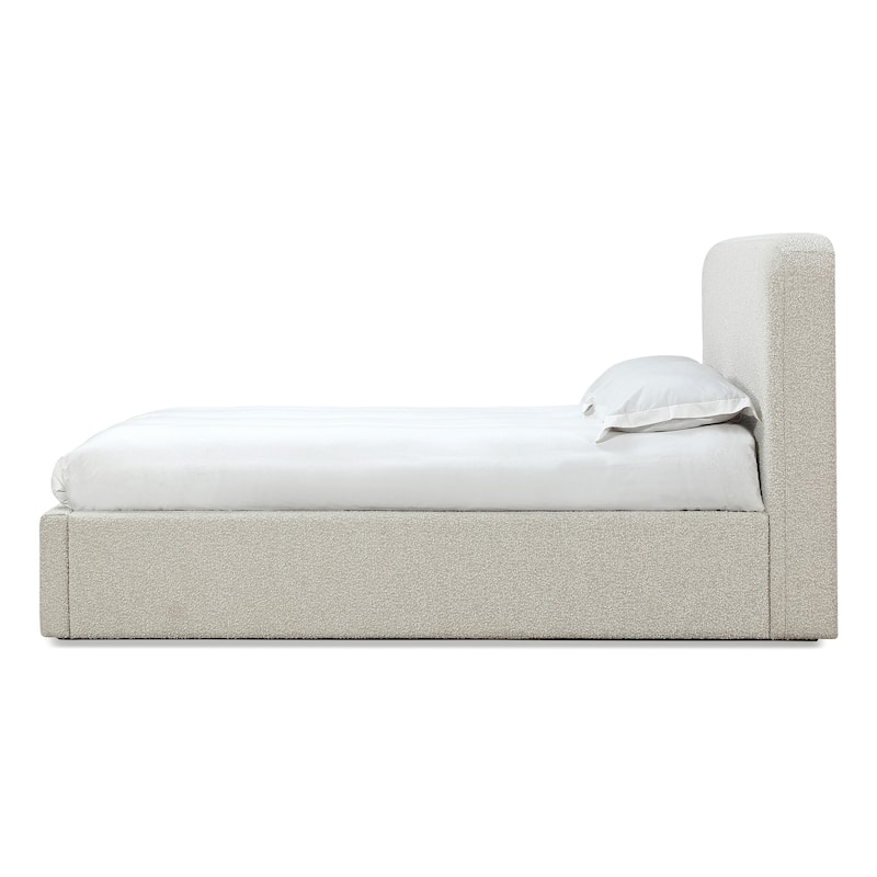 Off-White Upholstered Platform Bed in Ricotta Boucle
