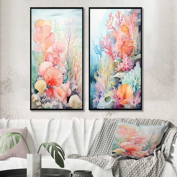 slide 2 of 12, Designart "Pastel Colors Watercolor Corals" Coastal Coral Under Water Framed Art Set Of 2 - Animals Wall Decor 2 Pieces 25 in. wide x 28 in. high - Black