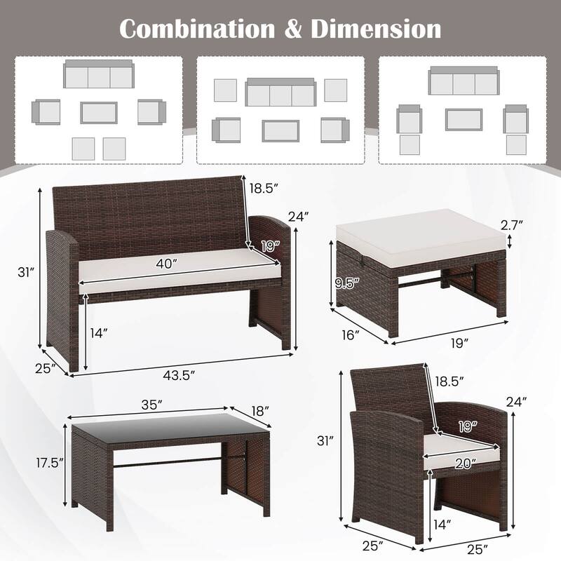Gymax 6 PCS Patio Furniture Set w/ 1 Loveseat 1 Coffee Table 2
