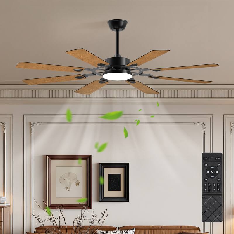 60 Inch Ceiling Fan with Lights and Remote Control, 8 Plywood Blades, 6-Speed Noiseless Reversible DC Motor, 3CCT - Black - Black