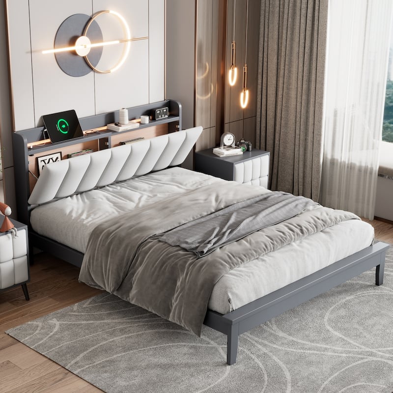 Queen size Platform Bed with USB Charging Station and Storage - Grey