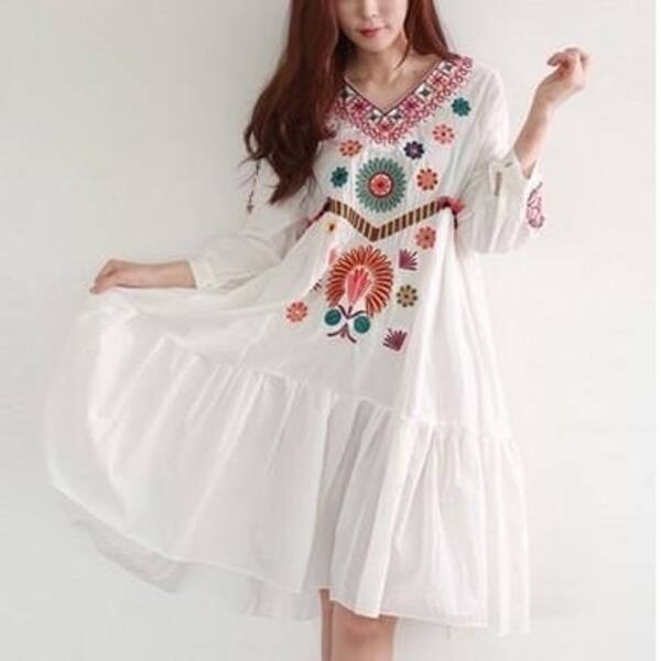 Shop White Boho Vintage Style Hand Embroidered Tunic Mexican Dress