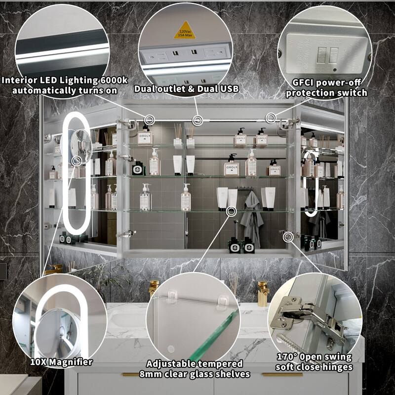 MEDUNJESS Double Opening Frameless Bathroom Mirror Cabinet with Defogging
