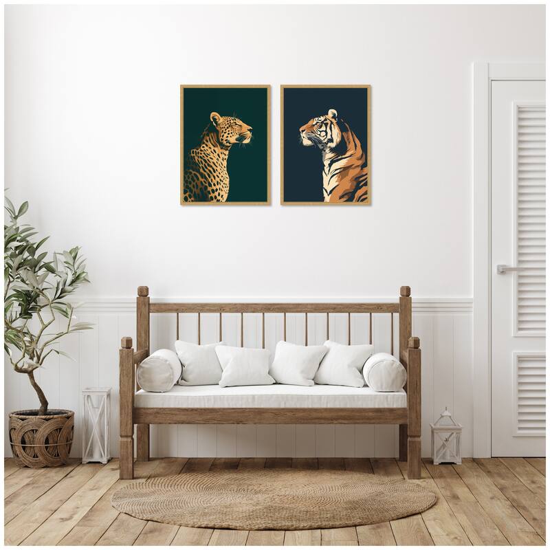 Kate and Laurel Gold Emerald Leopard Navy Tiger 2 Piece Framed Canvas Wall Art Set by The Creative Bunch Studio