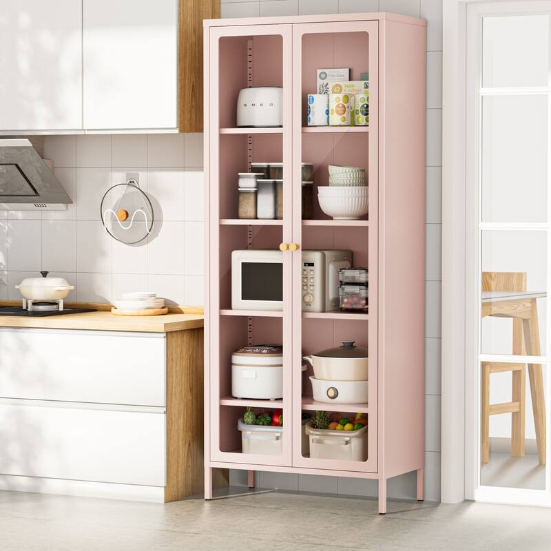 4/5-Tier Glass Curio Display Cabinet with Doors & Adjustable Storage Shelves