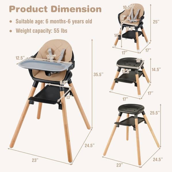 dimension image slide 4 of 6, 6-in-1 Baby High Chair with Removable Dishwasher and Safe Tray - 24.5" x 23" x 35.5"