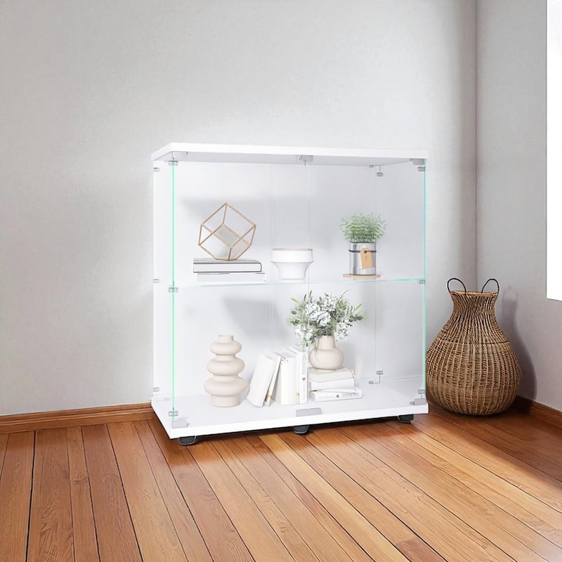2-Tier Glass Display Cabinet with Double Doors and Lock, Tempered Glass Showcase with MDF Base