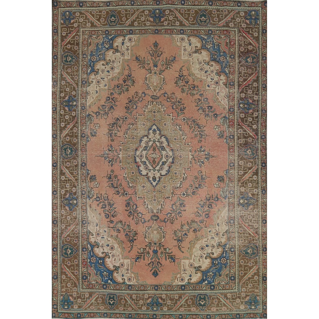 Vintage Tabriz Persian Area Rug Handmade Traditional Pink Wool Carpet - 6'5" x 9'6"