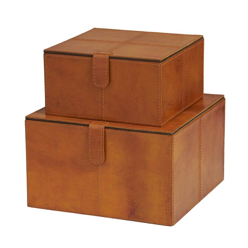 Leather Handmade Decorative Box with Hinged Lid - Set of 2 Gray, Brown, Dark Brown, Gold, Silver - Roche River Decor - Square Brown - 10", 8"W