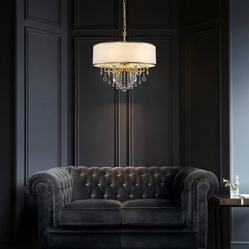 6-Light Modern Elegant Gold Drum Fabric Shade Adjustable Height with Crystal Accent Chandelier for Dining Room & Bedroom