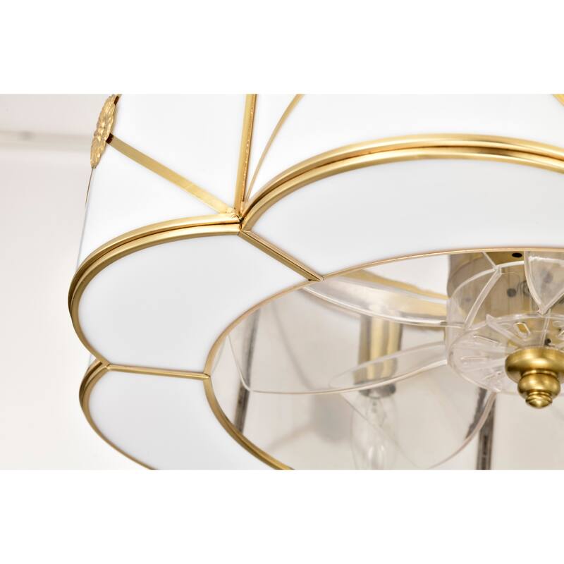 Strancta Scalloped Round White Gold Trim Tiffany Glass Lighted Ceiling Fandelier with Remote