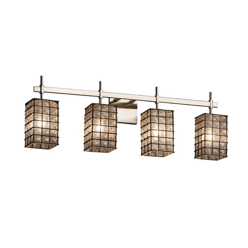 Justice Design Wire Glass Union 4-light Brushed Nickel Bath Bar, Grid with Clear Bubbles Square - Flat Rim Shade - Brushed Nickel