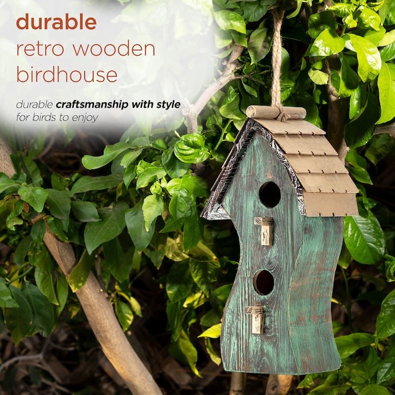 Alpine Corporation 17" Tall Outdoor Artful Swirly Hanging Wooden Birdhouse, Green