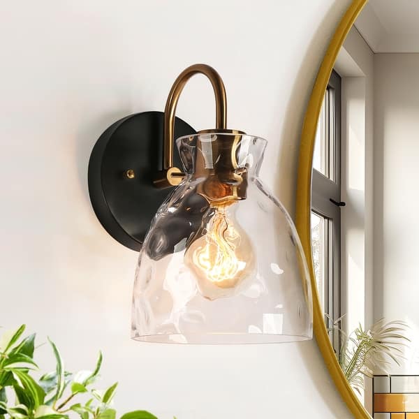 slide 2 of 14, Elisie Modern Black Gold 1-light LED Sconce Farmhouse Wall Light with Water Glass
