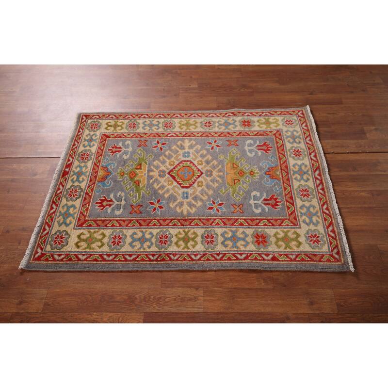 Geometric Gray Kazak Accent Rug Hand-Knotted Wool Carpet - 2'10" x 3'10"