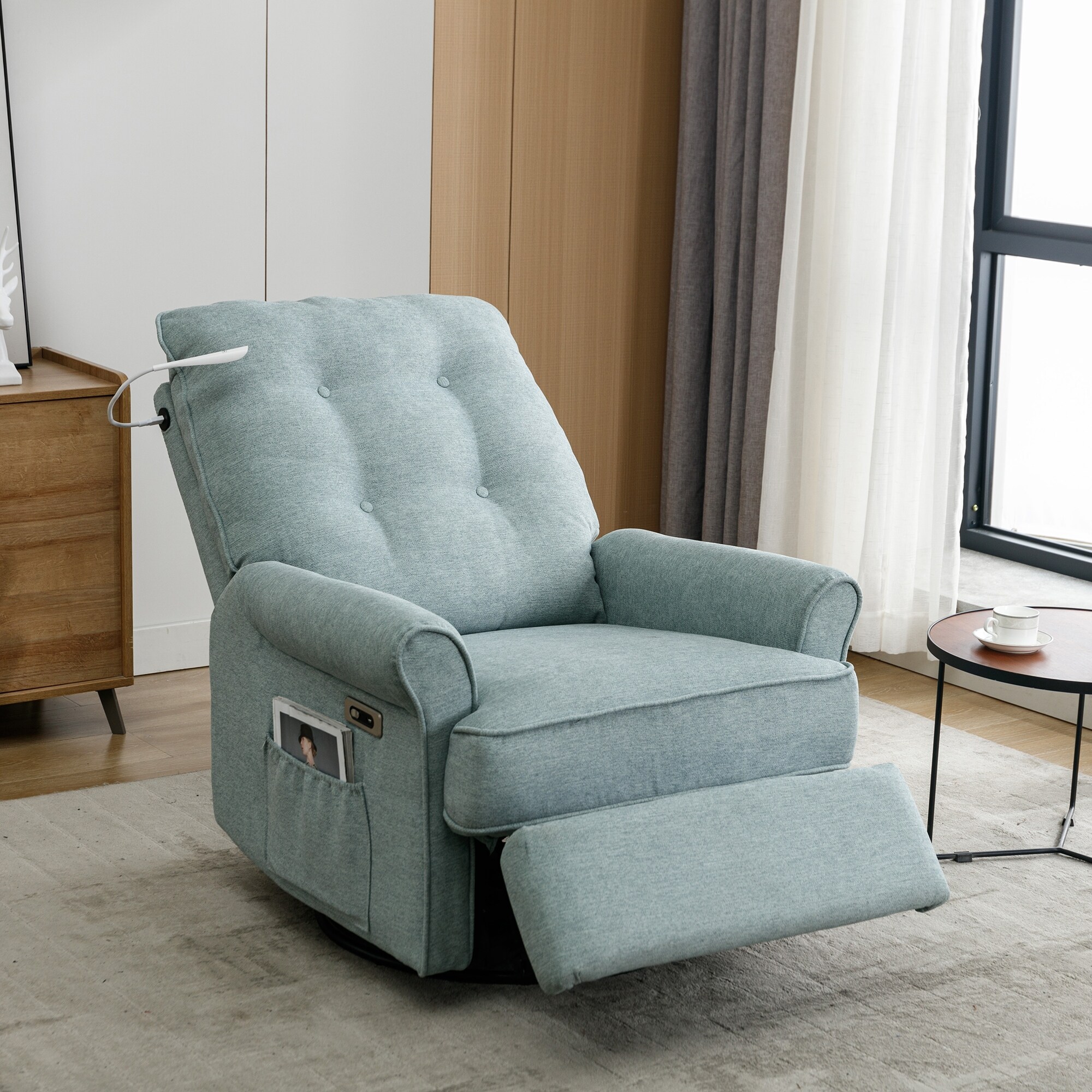 270 Degree Swivel Recliner Chair with USB Ports LED Light Rockable Base Side Pockets Linen Fabric Green Bed Bath Beyond 40307826