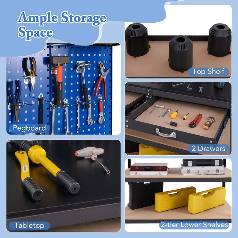 Heavy Duty Work Bench w/ Pegboard 48" x 24" Work Table w/ Drawers