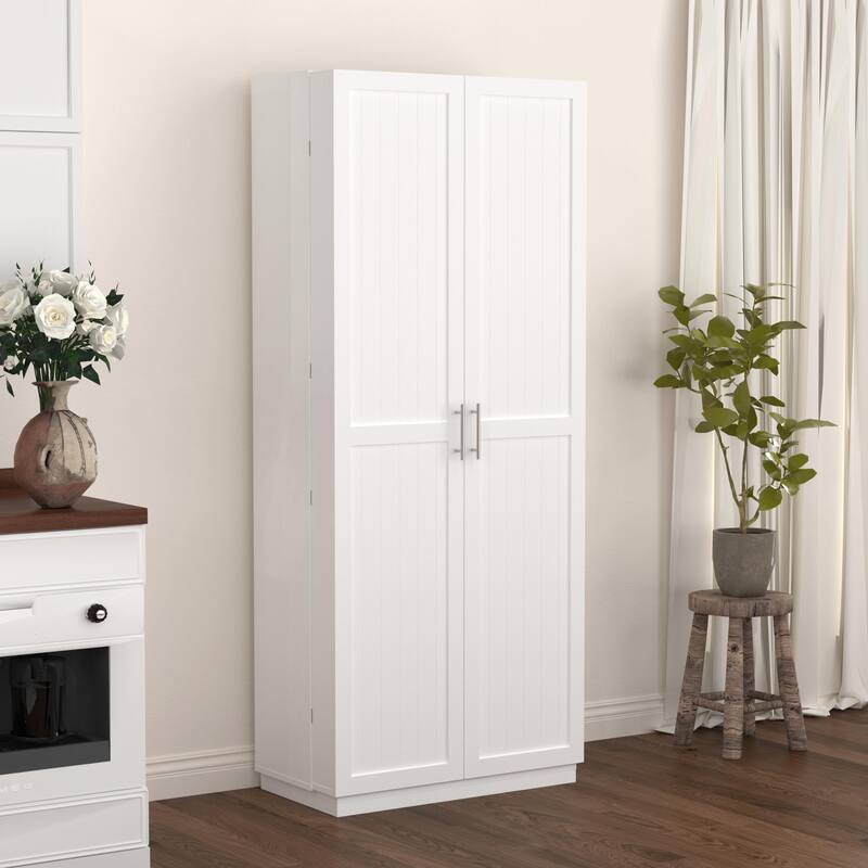 White Kitchen Pantry Cabinet with Doors and Adjustable Shelves