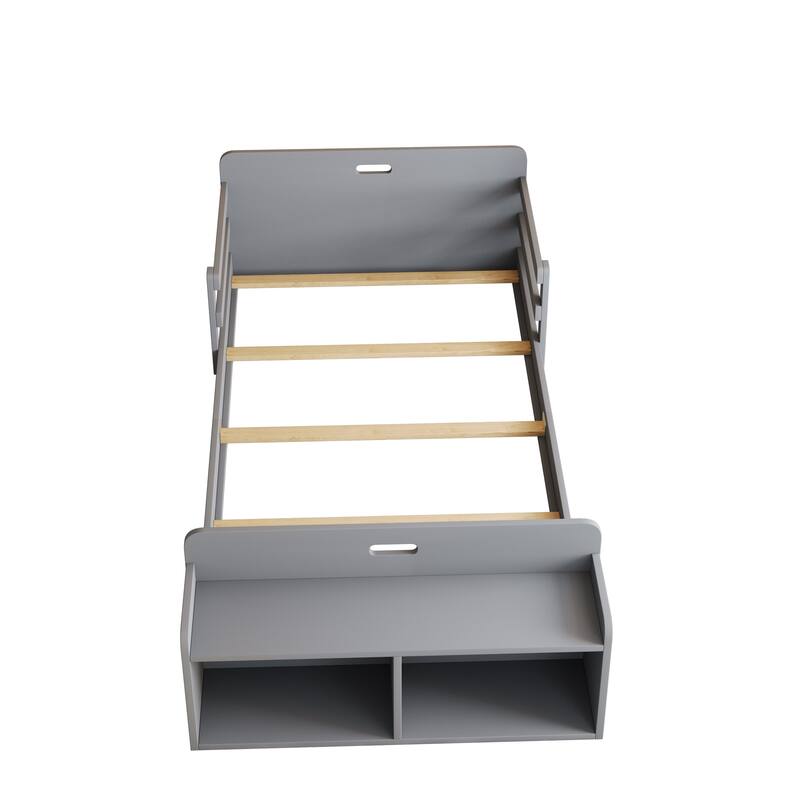 Twin Size Floor Bed with Storage Footboard and Guardrail