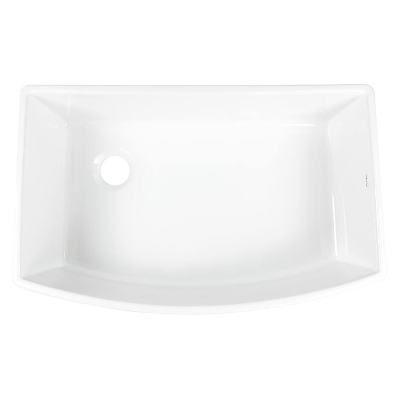 Austen Crisp White Fireclay 33" Farmhouse Apron Front Bow Front Single Bowl Kitchen Sink with Grid and Drain