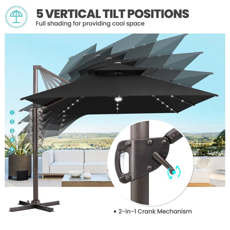 13 x 10ft Outdoor Aluminum Dual Top Patio Cantilever Umbrella LED Light with Weights Base