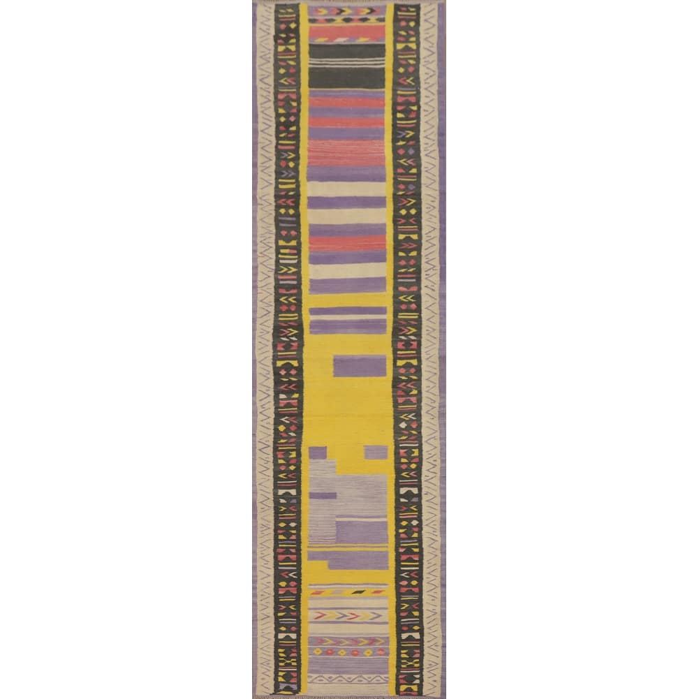 Hand Woven Oriental 100% Wool Carpet Southwestern Tribal Multi-Colored Kilim Runner Rug - 11' 5'' X 2' 7''