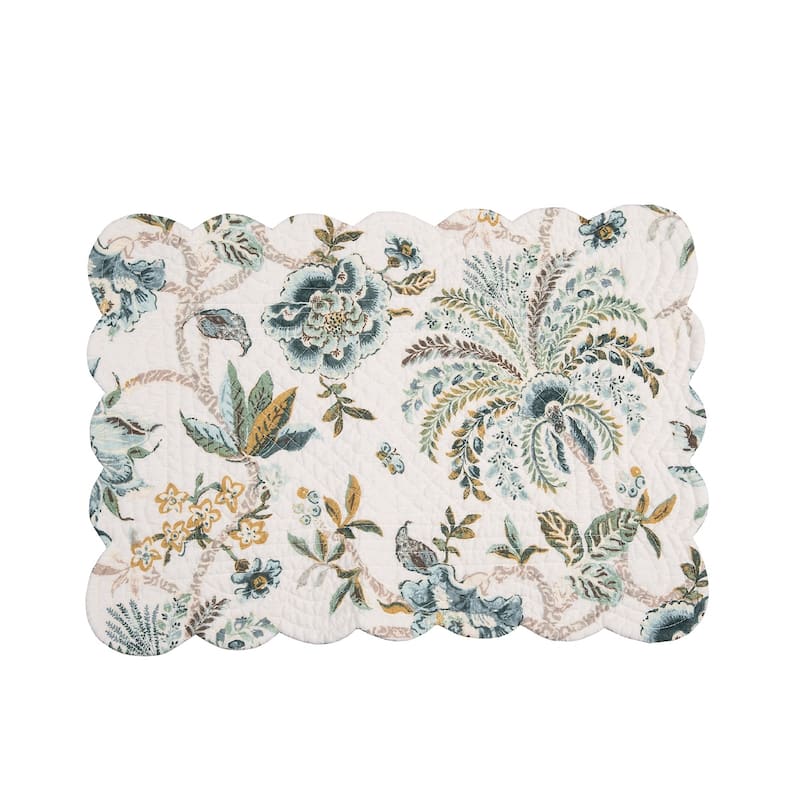 Braganza Teal Vintage Floral Flower Design Placemats Set of 6, 13" x 19"