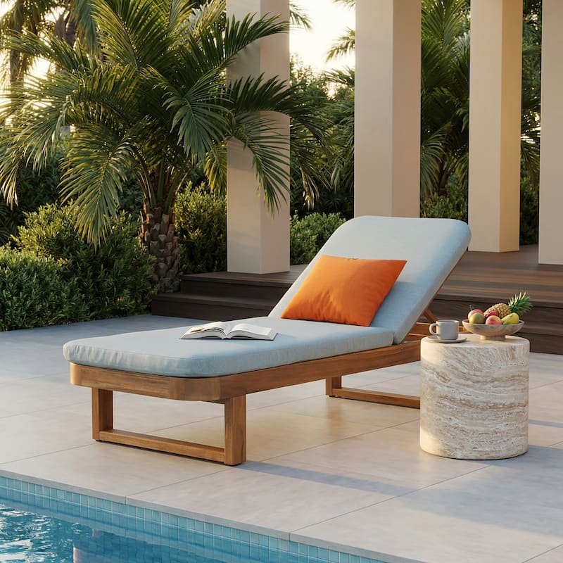 Christopher Knight Home - Milos Outdoor Acacia Wood Chaise Lounge with Adjustable Backrest & Water Resistant Cushioned Seat - Set of 1+Light Grey+Teak Finish